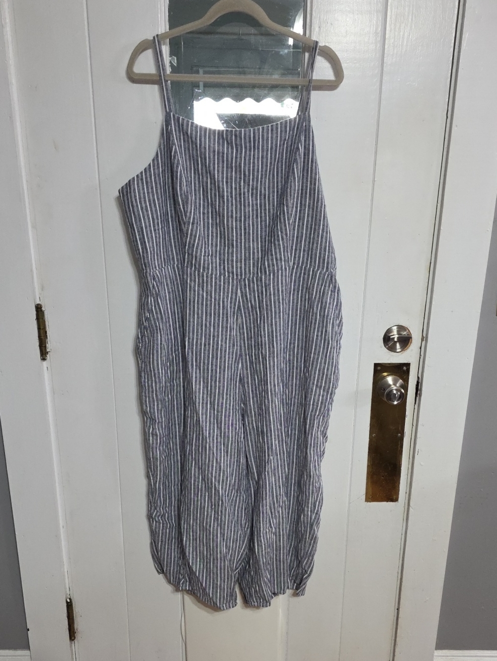 Old Navy Women's Linen Blend Jumper Blue/White Smocked Midi/Ankle Sz XXL EUC